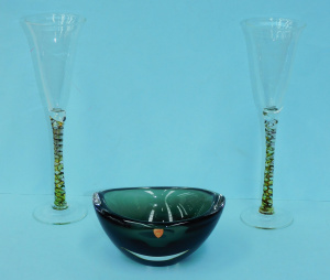 Lot 210 - 3 pces Signed Art glass inc Mid Century Orrefors cased Oval Bowl 9cm H