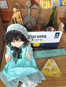 Lot 18 - Box lot incl Pedigree Doll , Pascall Tin, Eastern Metal Jug, Glassware