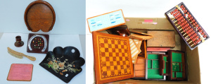 Lot 24 - Group lot of wooden items inc Farriers nails cribbage set, crumb trays,