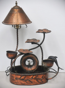 Lot 26 - Copper lamp and water feature with acid etched shade, triple lilypad ca