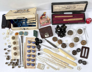 Lot 39 - Grp vintage celluloid box with sewing implements, celluloid novelty tap