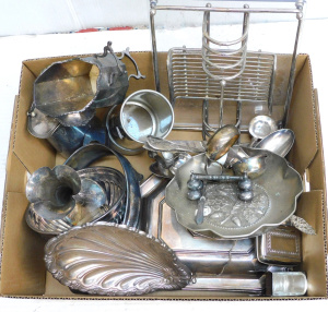 Lot 58 - Box Vintage EPNS inc Trumpet Vase, Knife Rest, Combination Toast Rack,