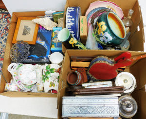 Lot 74 - Large mixed lot of 3 boxes inc vintage items bellows, bionculars, porce