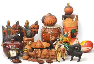 Lot 75 - 2 x Boxes of Wooden Items incl Carved Animals, Musical Instruments, Car