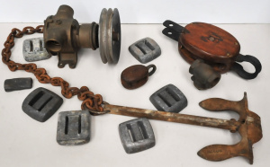 Lot 79 - Group of vintage nautical items inc timber and brass blocks, brass bilg