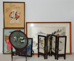 Lot 80 - Group lot Oriental Framed Woven Pictures & Scenes - some double sid