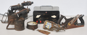 Lot 87 - Box lot of vintage tools inc Stanley planes (#4, #78), blow torches, hy