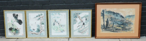 Lot 105 - 5 x Framed Oriental Watercolours - 4 x framed the same featuring Stork