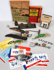 Lot 110 - Lot of incl Brass Weighs, Vintage Fishing Lures, Vintage Desk Callende