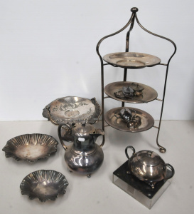 Lot 132 - Group of quality EPNS inc 3 tier plate stand (53cm H) and matched plat