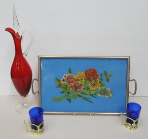 Lot 134 - 4 pces inc Italian Mid Century Empoli Ruby Red decanter w clear stem,