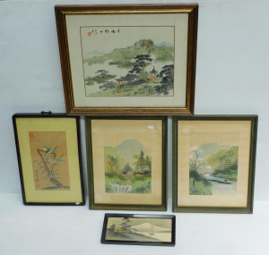 Lot 143 - Group of vintage oriental watercolours inc gilt detailed Fuji scene