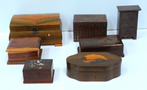 Lot 149 - Group of interesting small vintage wooden boxes inc hardwoods, inlay,