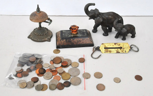 Lot 162 - Group lot of small vintage items and coins, inc Art Deco blotter, Art
