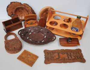 Lot 185 - Box lot of timber items inc exotic and hard woods, carved, inlaid etc
