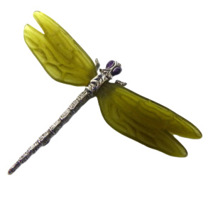 Vintage Art Deco style Silver plated Dragonfly Brooch - Purple Enamel Eyes &