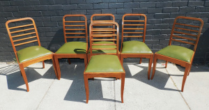Lot 8 - Set of 6 Art Deco ladder backed dining chairs with green vinyl upholster