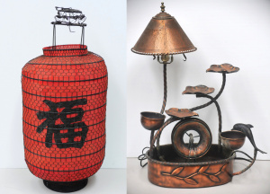 Lot 51 - 2 pces inc Large Chinese Wire Hanging lantern lined with red fabric 78c