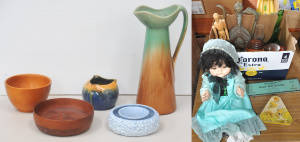 Lot 54 - Box lot Mixed incl cl Bendigo Pottery Jug (AF), Wooden Bowls, Remued Po