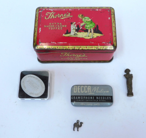 Lot 58 - Mixed Group vintage inc Thornes Toffee Tin, Bronze Napolean figure 4cm