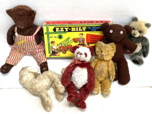 Lot 66 - Group vintage toys inc Boxed Ezy-Bilt Set No 6, Soft Toys - Knitted Mr