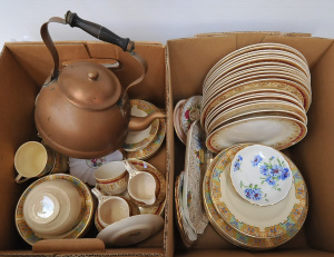 Lot 74 - Large lot of 2 boxes of vintage china dinnerware and a Portuguese coppe