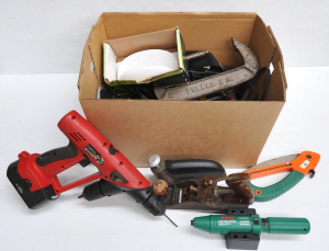 Lot 82 - Box lot of new and vintage tools and hardware