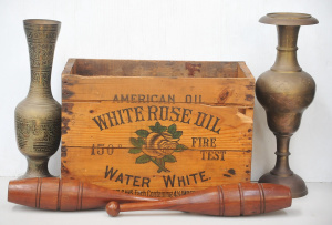 Lot 86 - Vintage Wooden White Rose Oil Box w 2 x Indian Brass Vases & Pair o