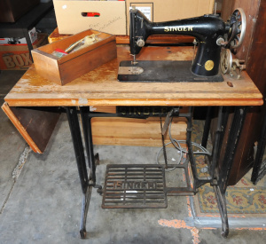 Lot 93 - Vintage Electrified Singer Treadle Sewing machine in Open Cabinet, + ac