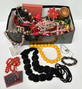 Lot 133 - Box lot mainly costume jewellery + black beaded belt, beaded necklace