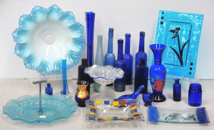 Lot 136 - Large Group Vintage Blue Coloured Glass inc Cobalt Blue Single stem va