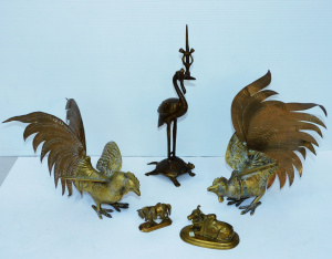 Lot 182 - Group of brass items inc Japanese crane and turtle candle holder 30cm