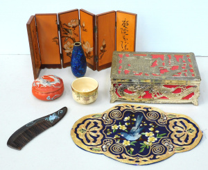 Lot 183 - Group lot of Oriental inc Cloisonne Vase, Dragon ware Pottery lidded b