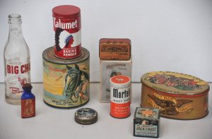 Lot 184 - Group lot vintage Tins, Bottles & Packaging inc Big Chief Beverage