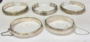 Lot 205 - 5 x Bangles incl 2 x hollow marked Sterling, Scandia, MK, cuffs unmar