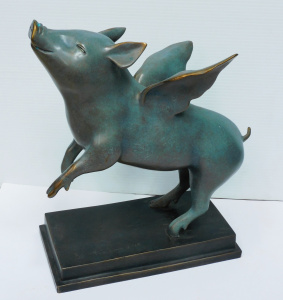 Lot 215 - Artist Unknown Mounted Bronze Sculpture - Flying Pig - signed to base