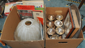 2 x Boxes of Mixed Items incl Ephemera , EPNS Trays & Cups, Milk Glass Light