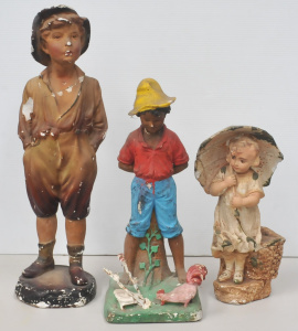 3 Vintage Signed Plaster Figures (af) inc Whistling Boy 59cm H, Mattei Bros Far