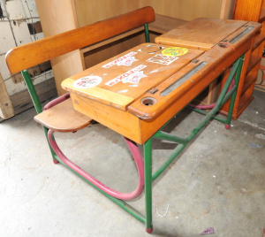 1960s Oak Twin school desk with painted green & purple metal frame complete