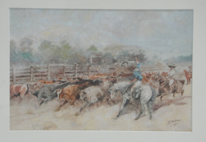 Arthur Esam (1850 - 1934) Framed Watercolour - Round 'em up - Signed & dated