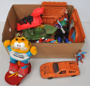 Box lot of Vintage Assorted Toys incl Tin Toy Mercedes Benz, Skateboarding Garfi