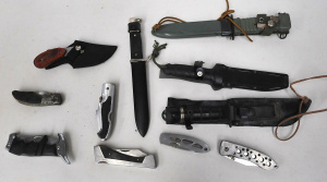 Lot of Mixed Knives incl Survival Knife w Compass, Matches & Sharpening Ston
