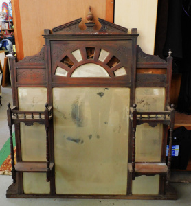 Lot 11 - Edwardian ceder and pine mirrored overmantel (af) - 149cm H inc finial