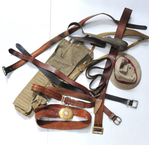 Lot 14 - Box lot of Vintage Belts & Bags incl Stetson Fairway Bucket Hat, Ca