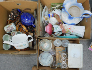 Lot 21 - 3 x Boxes mixed inc China, Teapots, Vases, Glassware, Scales Victorian