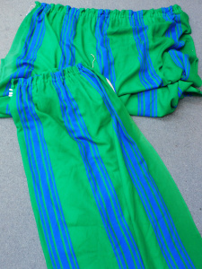 Lot 31 - Pair Retro Bright Green Curtains - Linen backed, Blue Stripes over gree
