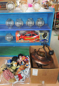 Lot 34 - Lot of Mixed Items incl Metal Ceiling Light w Glass Shade, Assorted Bea