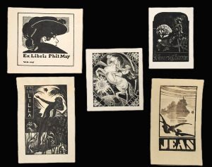 Lot 56 - 5 x vintage Unframed Ex Libris Bookplates for Phil May, G Moncrieff Bar