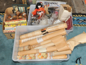 Lot 82 - 3 x Boxes of Mixed Goods incl Sheets of Wallpaper, Glassware, Jars, Boo