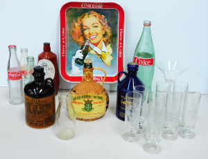Lot 97 - Retro bottles and glasses inc Coke, milk, and alcohol bottles, set of 8